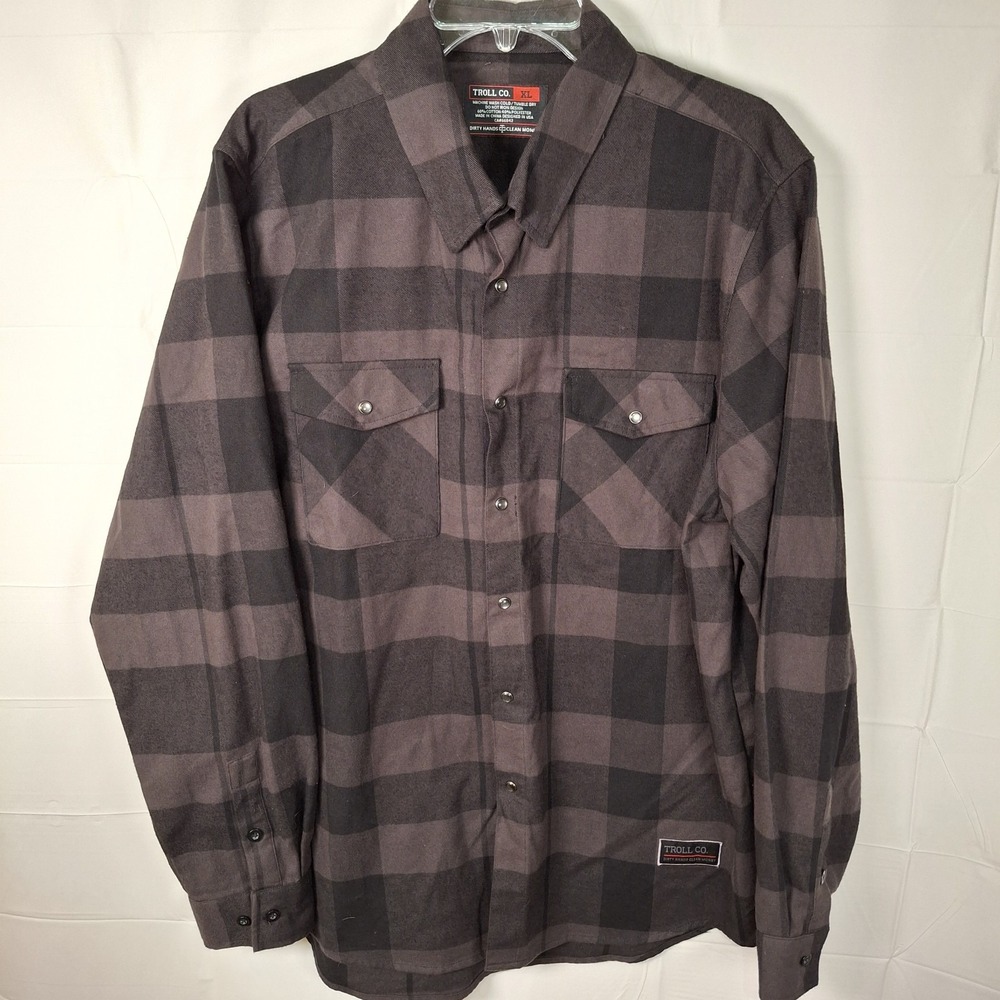 Troll Co Mens 2XL Flannel Shirt Black Plaid Pearl Snap Button Up Long Sleeve
